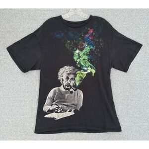 Albert Einstein Smoking Pipe Colorful Cosmic Smoke Graphic T-Shirt Black Medium